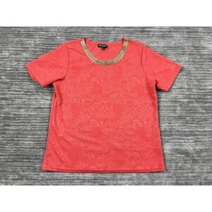 Chances R Top Womens Petite Medium Orange Gold Trim Shortsleeve Casual